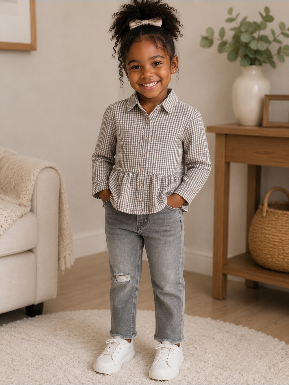 🎀 2pcs Girls Outfit Jeans and Button Down Shirt